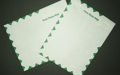 Large Tyvek® Mailing Envelope - First Class Green Diamond Border - Open End - 10" x 13"