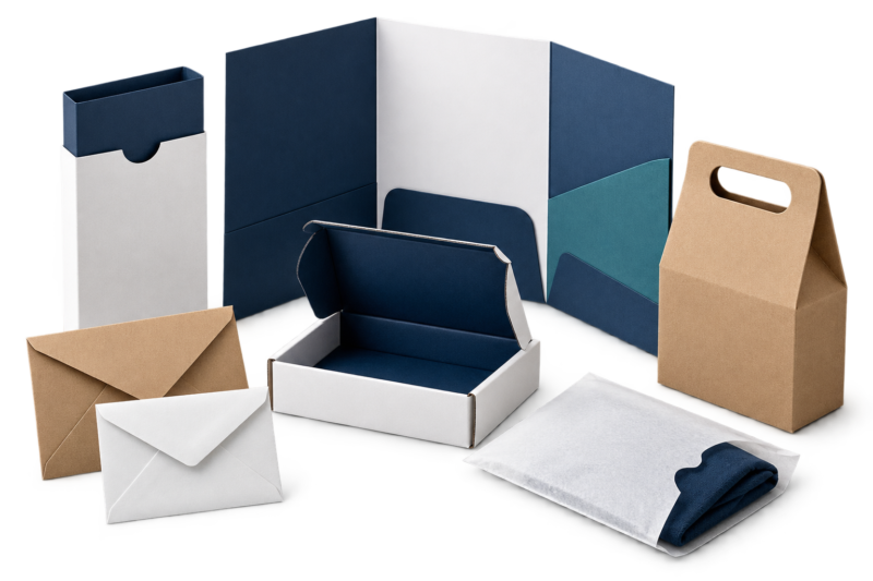 Custom envelopes, sleeves, folders, carriers, and mailers