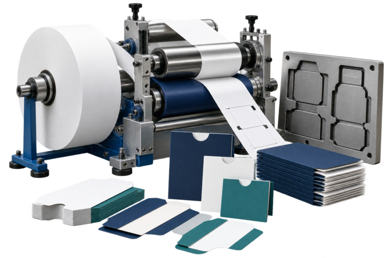 Material roll converting, die-cutting, and finished packaging